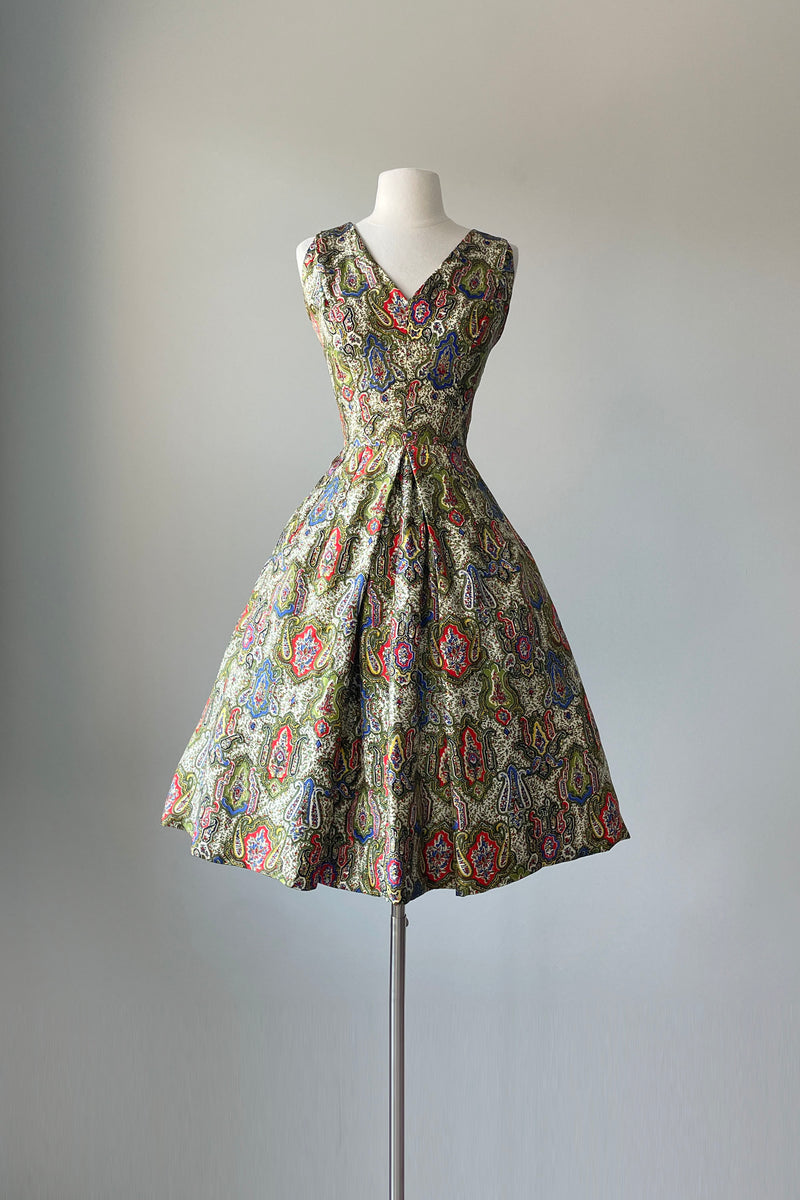 1950s Green Paisley Silk Dress by Feraud of Paris | MEDIUM – Mill ...